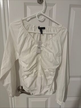 White House Black Market White Ruched Front Long Sleeve Blouse